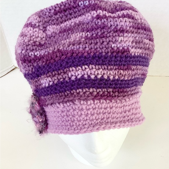Hat Hand Crafted Purple BeanieStriped Varigated Floral Crochet - Picture 5 of 16
